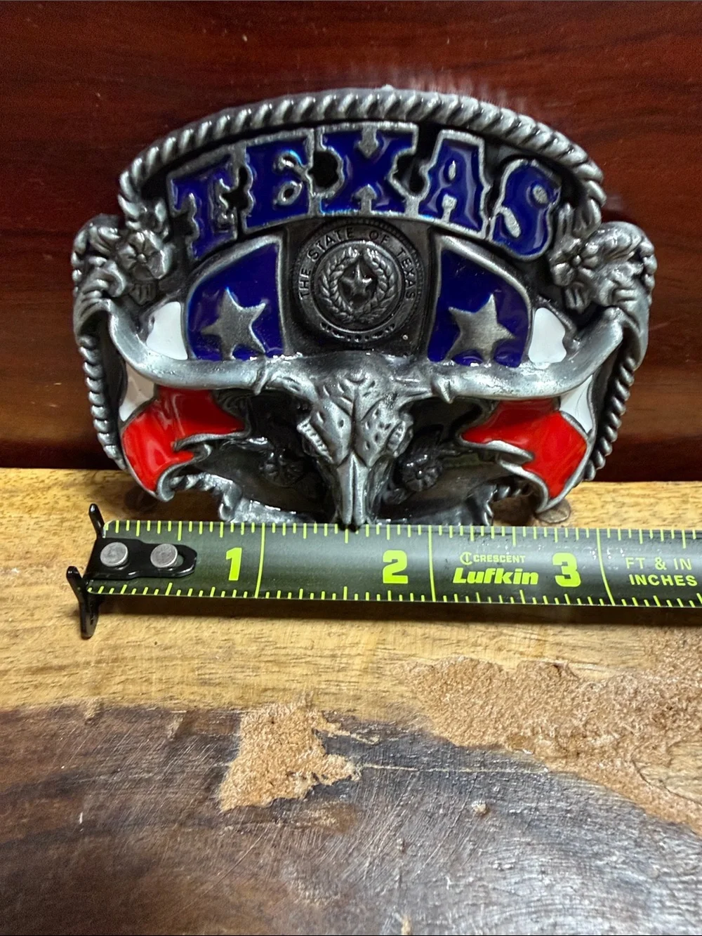 Texas Longhorn Western Belt Buckle - Blue & Red Enamel